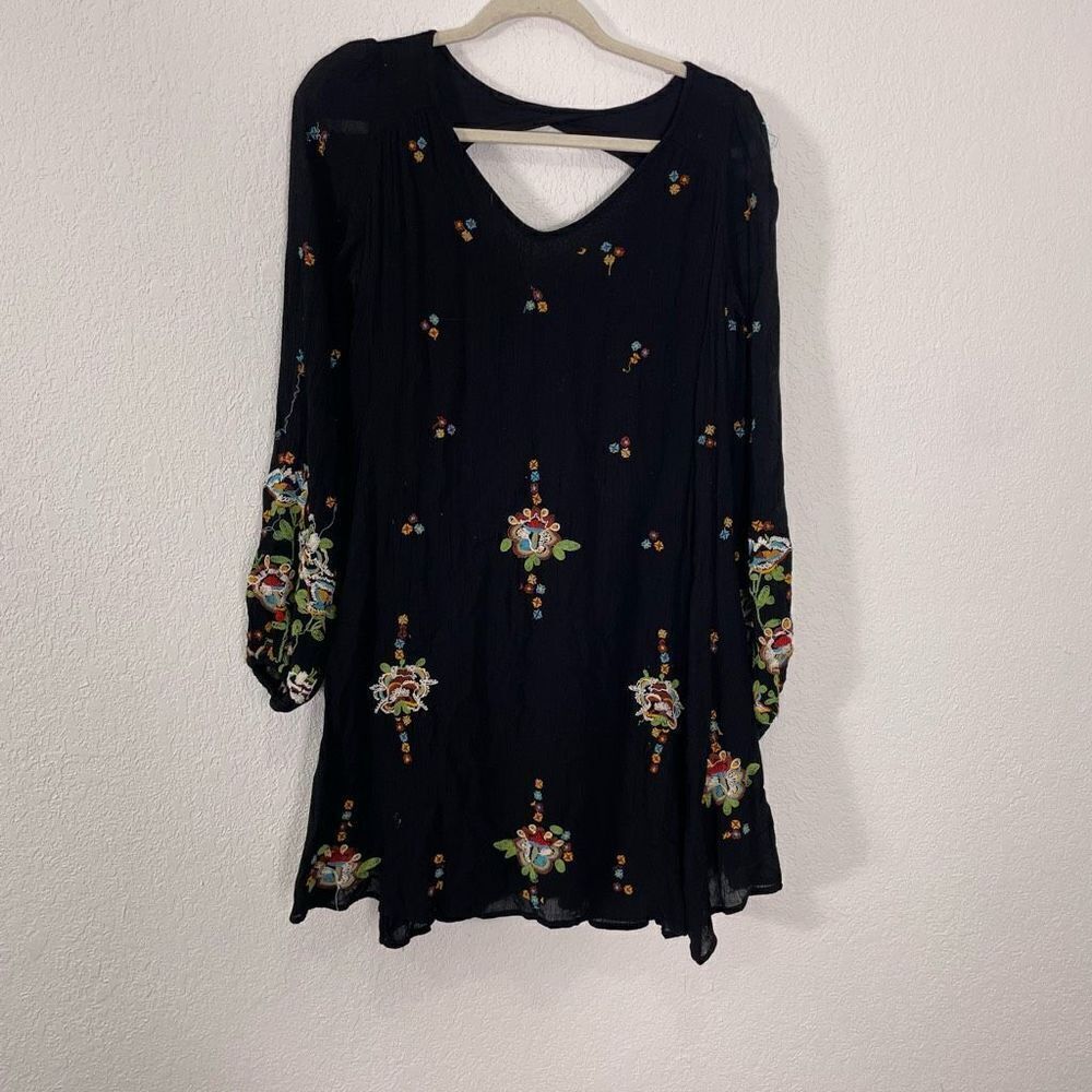 Free People Black with Blue, Orange, & Yellow Floral Embroidery Dress Small